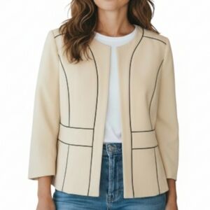 Kasper Blazer Women Size 12 P Pale Yellow Black Trim Open Front Lined New